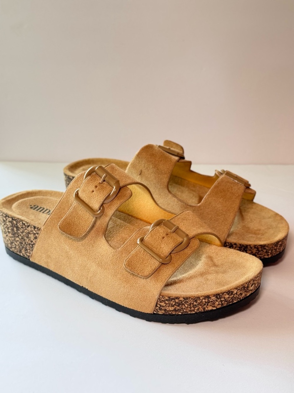 Suede Double-Buckle Slide Sandals in Camel
